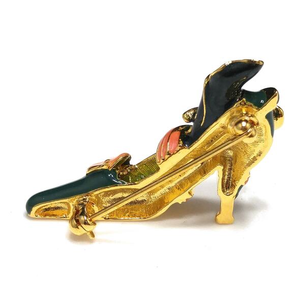 Vintage Kenneth Jay Lane Enamel High Heel Shoe Brooch, Green & Pink Lily Design - Picture 3 of 10